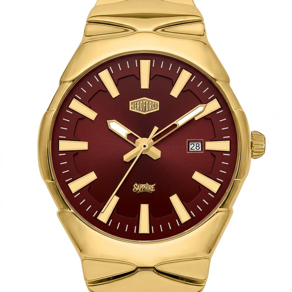 A gold-tone stainless steel wrist watch with a deep burgundy red sunburst dial, gold-tone hour markers and hands, and a date window at 3 o'clock. 