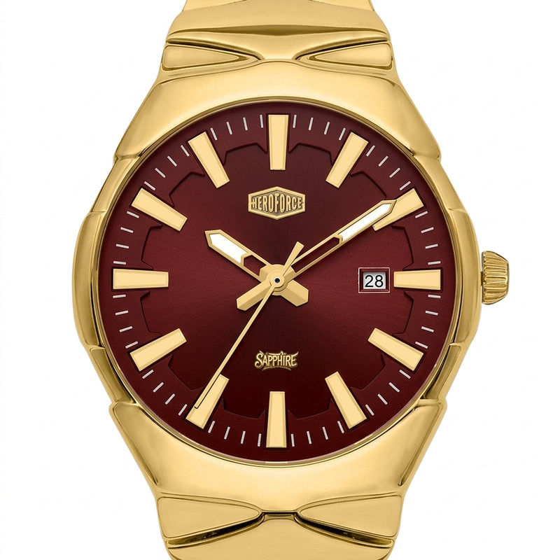 A gold-tone stainless steel wrist watch with a deep burgundy red sunburst dial, gold-tone hour markers and hands, and a date window at 3 o'clock. 
