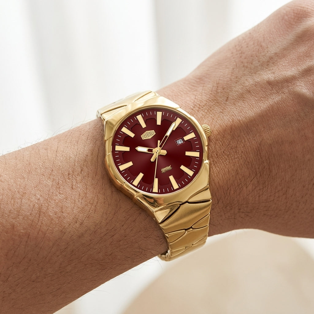 A gold-tone wristwatch with a deep burgundy dial, shown worn on a person's wrist against a soft, light background.