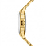 A close-up side profile of a gold-tone stainless steel watch with a matching link bracelet, featuring a fluted crown.