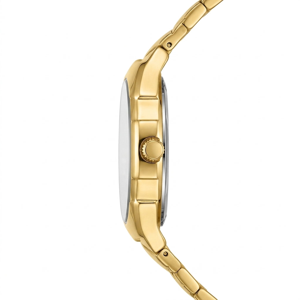 A close-up side profile of a gold-tone stainless steel watch with a matching link bracelet, featuring a fluted crown.
