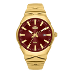 A gold-tone stainless steel watch with a deep burgundy red dial, gold-tone hour markers and hands, and a date window at 3 o'clock.
