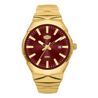 A gold-tone stainless steel watch with a deep burgundy red dial, gold-tone hour markers and hands, and a date window at 3 o'clock.