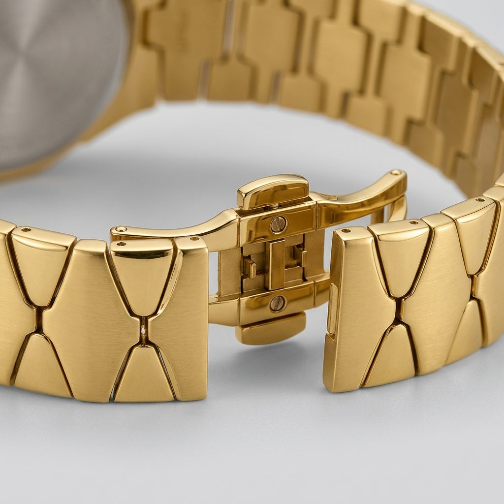 Close-up of a gold-tone metal watch band with a geometric link design and a folding clasp.