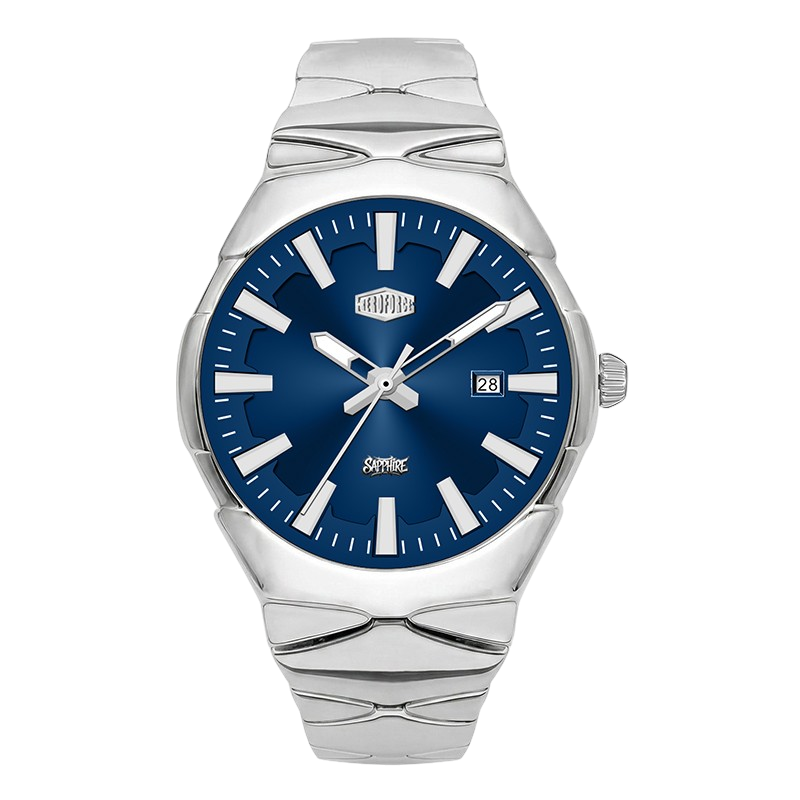 A silver stainless steel wristwatch with a blue dial, featuring a date window at 3 o'clock, silver hour markers, and a matching silver link bracelet.