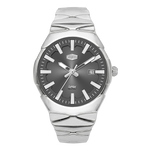A silver-tone stainless steel wristwatch with a dark gray dial, silver hour markers and hands, and a date window at 3 o'clock.