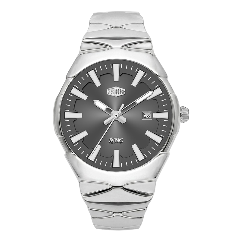 A silver-tone stainless steel wristwatch with a dark gray dial, silver hour markers and hands, and a date window at 3 o'clock.