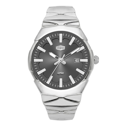 A silver-tone stainless steel wristwatch with a dark gray dial, silver hour markers and hands, and a date window at 3 o'clock.