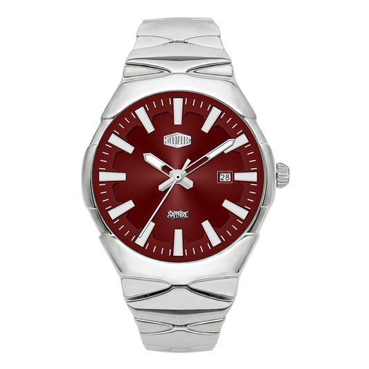 A watch with a silver-tone stainless steel case and integrated bracelet, featuring a deep red dial with silver indices and a date window.