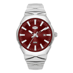 A watch with a silver-tone stainless steel case and integrated bracelet, featuring a deep red dial with silver indices and a date window.