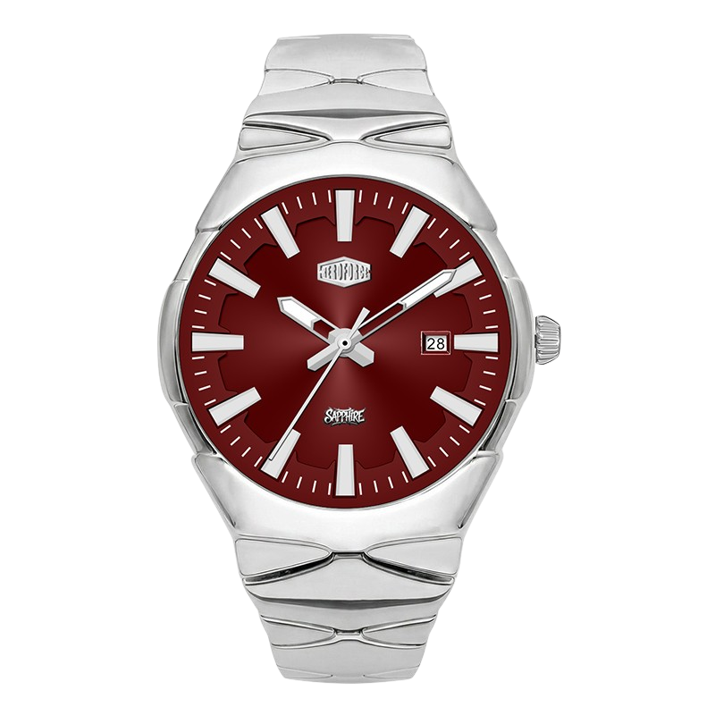 A watch with a silver-tone stainless steel case and integrated bracelet, featuring a deep red dial with silver indices and a date window.