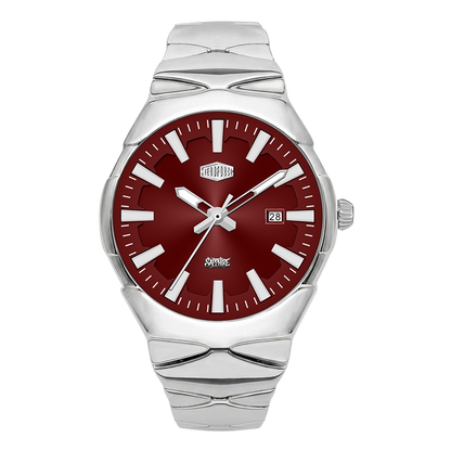 A watch with a silver-tone stainless steel case and integrated bracelet, featuring a deep red dial with silver indices and a date window.