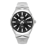 A silver stainless steel wristwatch with a black dial, silver hour markers and hands, and a date window at 3 o'clock.