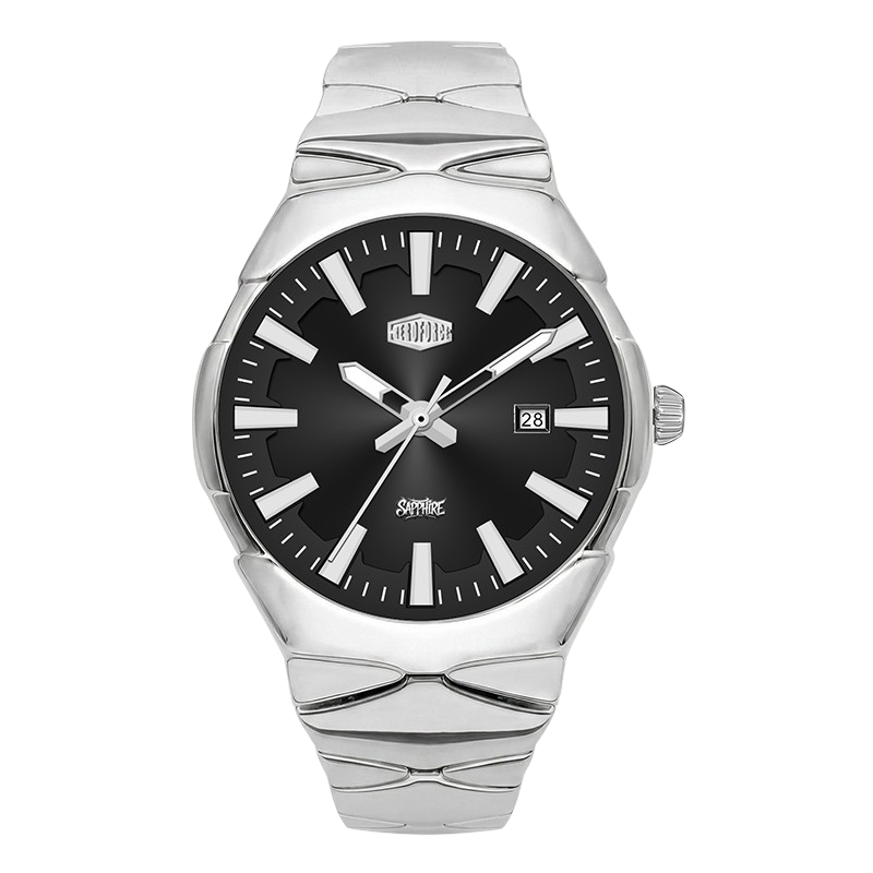 A silver stainless steel wristwatch with a black dial, silver hour markers and hands, and a date window at 3 o'clock.