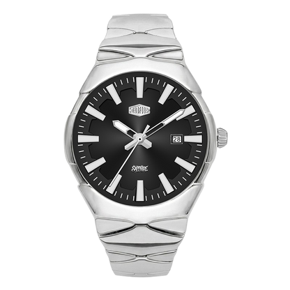 A silver stainless steel wristwatch with a black dial, silver hour markers and hands, and a date window at 3 o'clock.