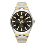 A two-tone stainless steel and gold wristwatch with a black dial, gold-tone hands and markers, and a date window at 3 o'clock.