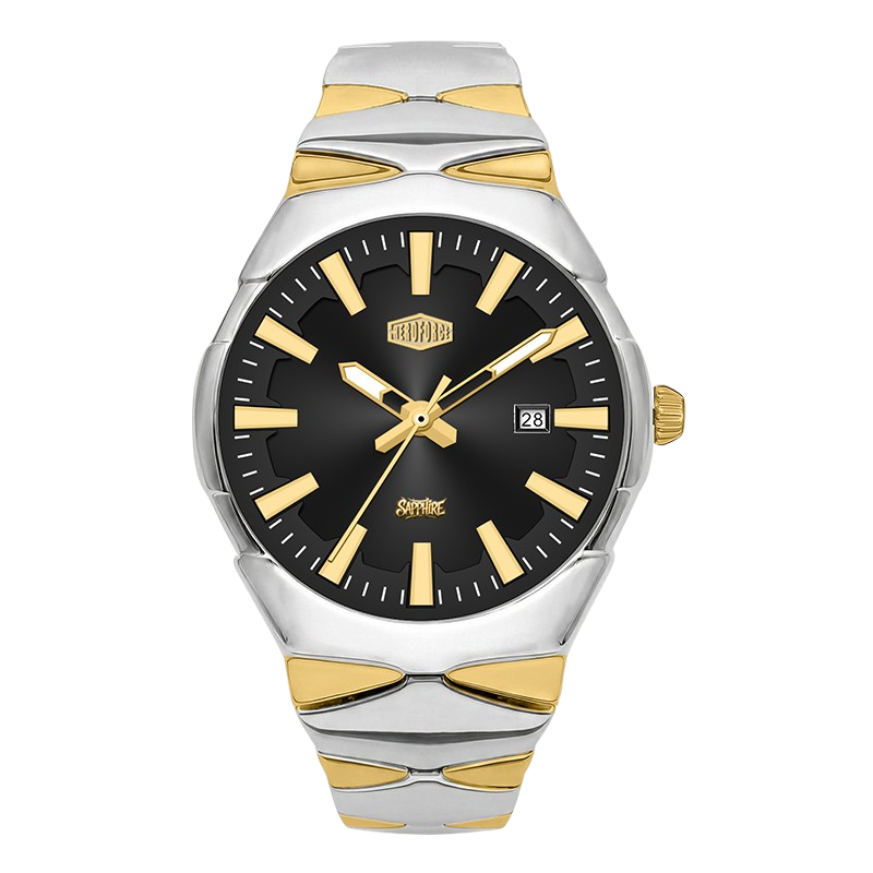A two-tone stainless steel and gold wristwatch with a black dial, gold-tone hands and markers, and a date window at 3 o'clock.