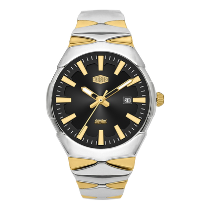 A two-tone stainless steel and gold wristwatch with a black dial, gold-tone hands and markers, and a date window at 3 o'clock.