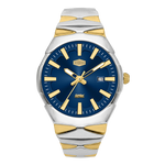A two-tone stainless steel and gold wristwatch with a deep blue dial, featuring gold-tone hands, hour markers, crown, and bezel details.