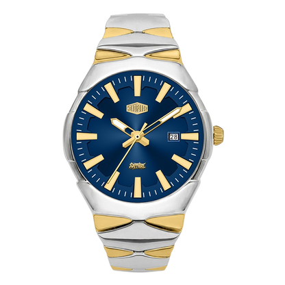A two-tone stainless steel and gold wristwatch with a deep blue dial, featuring gold-tone hands, hour markers, crown, and bezel details.