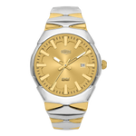 A two-tone stainless steel and gold wristwatch with a gold dial, gold hour markers, and a date window at the 3 o'clock position