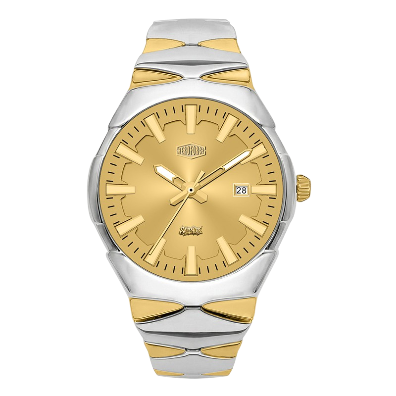 A two-tone stainless steel and gold wristwatch with a gold dial, gold hour markers, and a date window at the 3 o'clock position