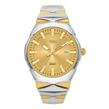 A two-tone stainless steel and gold wristwatch with a gold dial, gold hour markers, and a date window at the 3 o'clock position