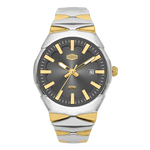 A two-tone stainless steel and gold wristwatch with a dark gray dial, gold-tone hands and markers, and a date window at the 3 o'clock position.