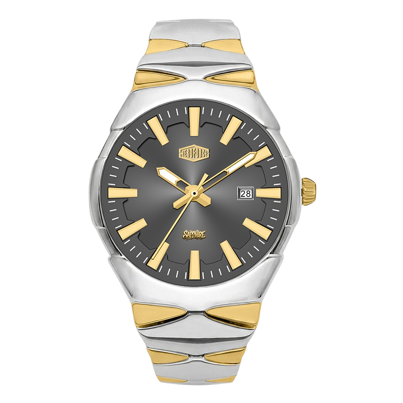 A two-tone stainless steel and gold wristwatch with a dark gray dial, gold-tone hands and markers, and a date window at the 3 o'clock position.