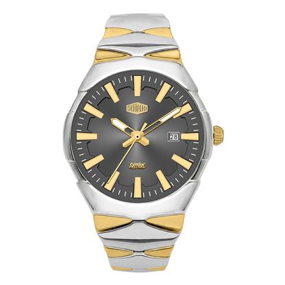 A two-tone stainless steel and gold wristwatch with a dark gray dial, gold-tone hands and markers, and a date window at the 3 o'clock position.
