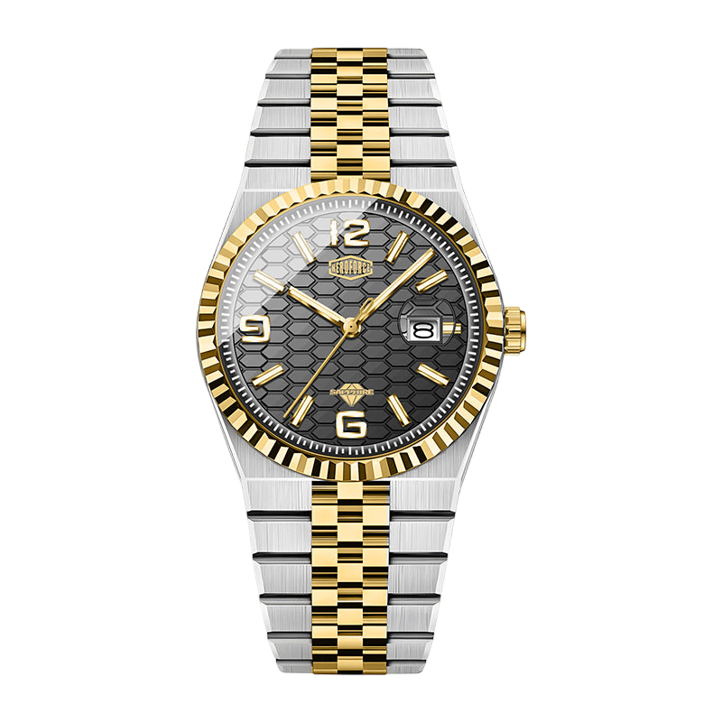 Heroforce two-tone stainless steel and gold watch with a black honeycomb dial, fluted bezel, and matching two-tone link bracelet.
