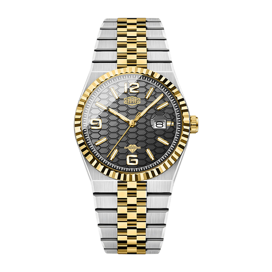 Heroforce two-tone stainless steel and gold watch with a black honeycomb dial, fluted bezel, and matching two-tone link bracelet.