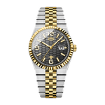 Heroforce two-tone stainless steel and gold watch with a black honeycomb dial, fluted bezel, and matching two-tone link bracelet.