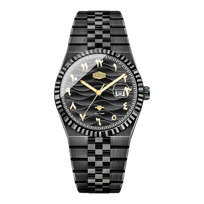 Heroforce wristwatch with a black wave-pattern dial, gold-tone hands and markers, and a matching black checkered metal bracelet on a white background.