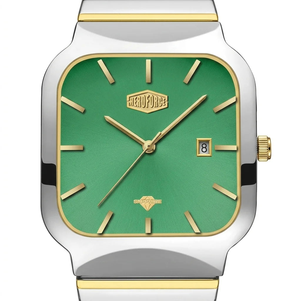 A men's analog wristwatch with a silver-tone stainless steel case, gold-tone accents, and a vibrant green square dial. The dial features gold-tone stick indices, hands, and a date window at the 3 o'clock position.