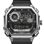 A rugged analog-digital wristwatch with a black strap, silver-tone metal case, and a black face featuring white and gray digital displays and markings. The HEROFORCE brand logo is visible on the watch face.