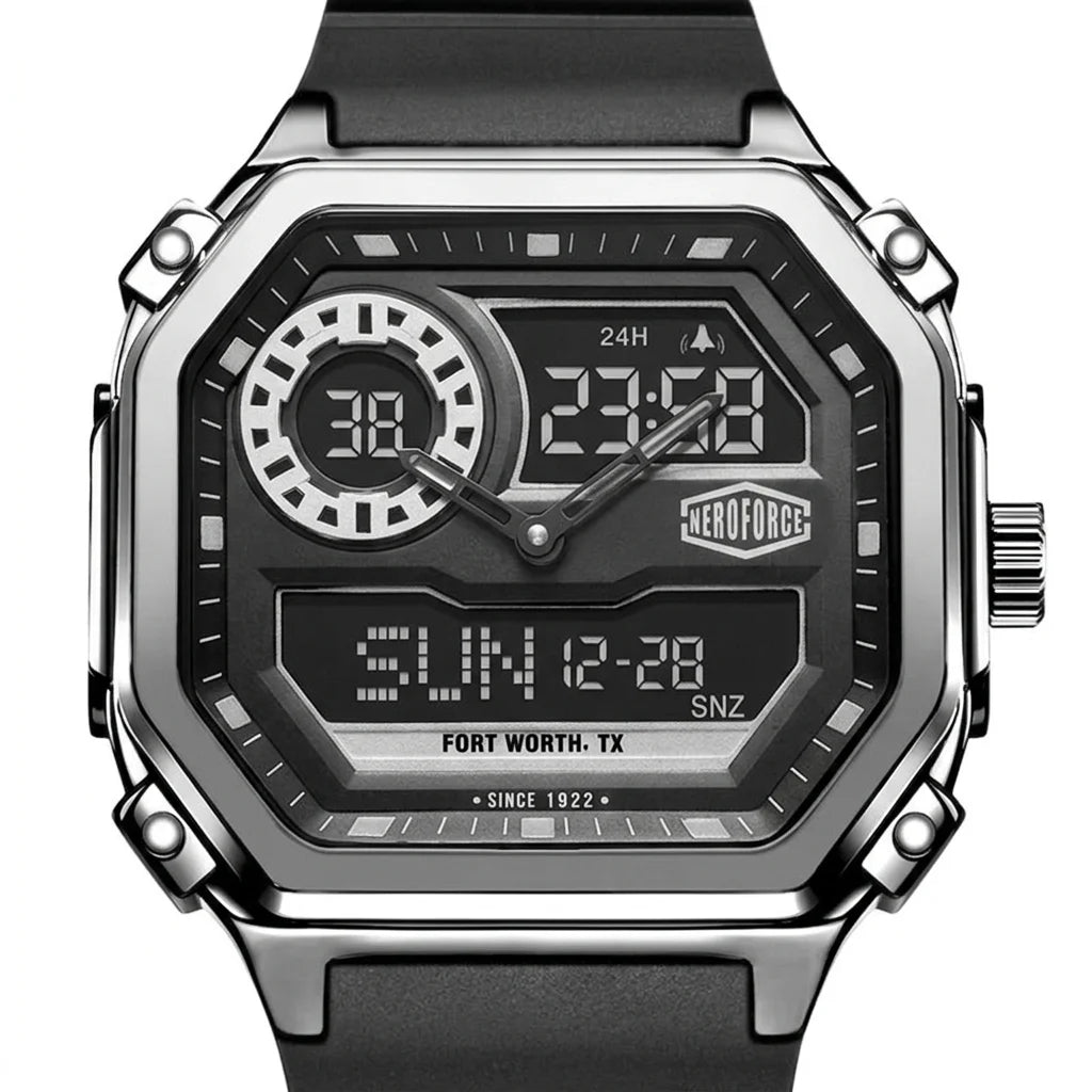 A rugged analog-digital wristwatch with a black strap, silver-tone metal case, and a black face featuring white and gray digital displays and markings. The HEROFORCE brand logo is visible on the watch face.