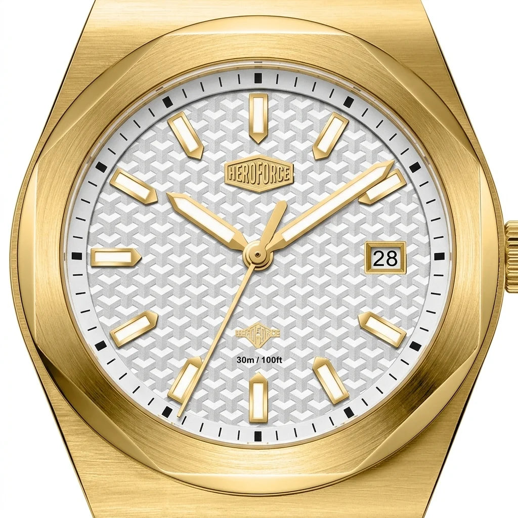 Macro view of HeroForce 5041 Gold Light - gold luxury watch dial
