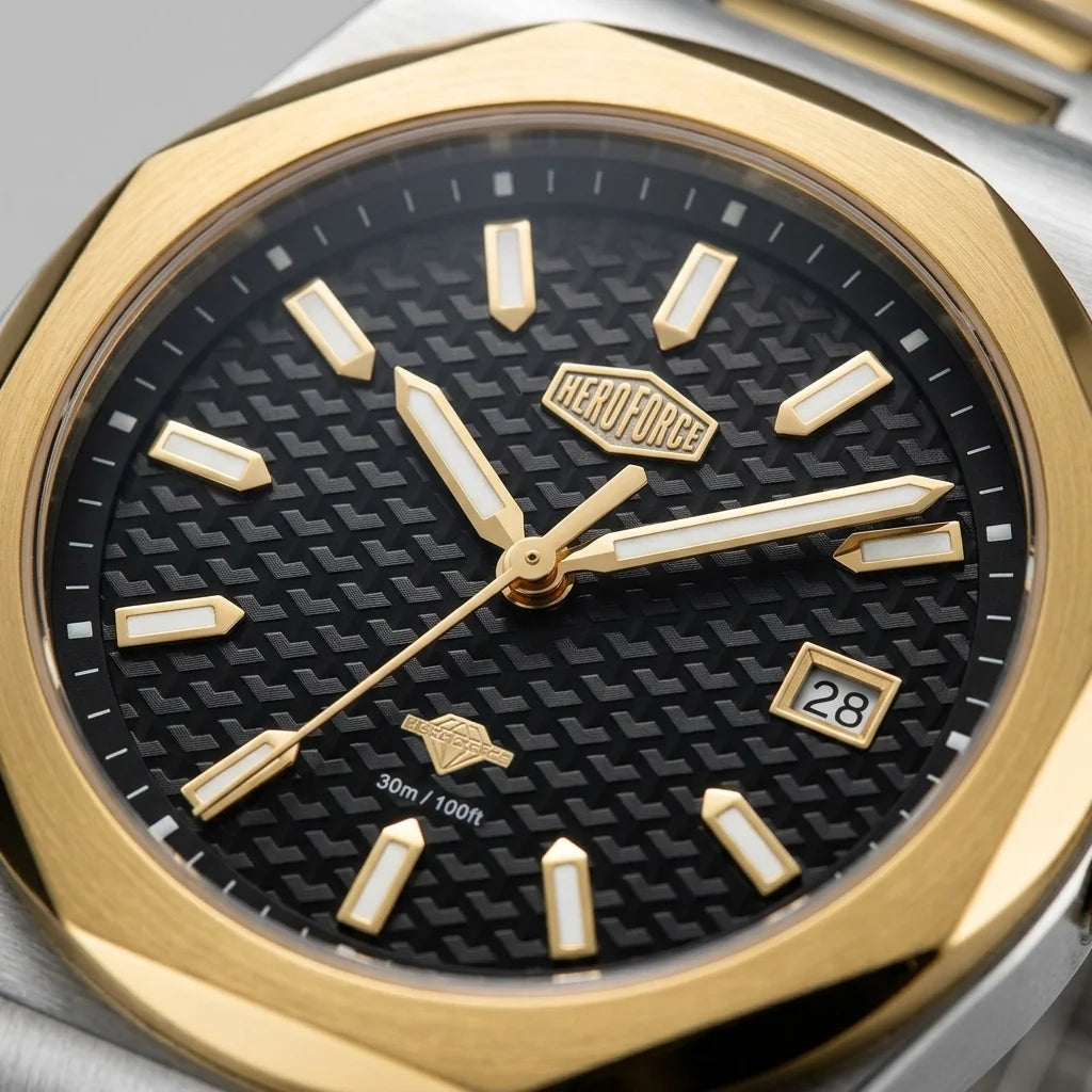 Macro view of HeroForce 5041 Luxury Ana - luxury analog 3D dial quiet luxury