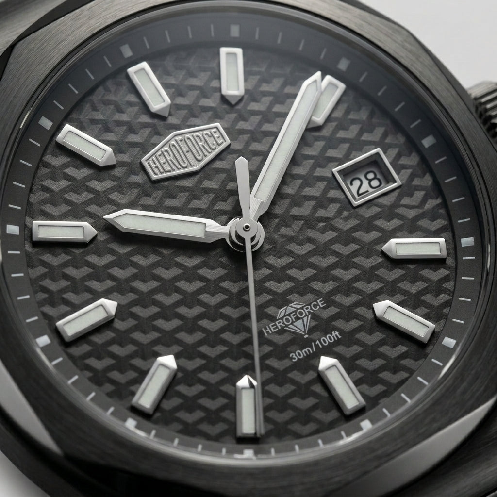 Macro view of HeroForce 5041 Men's Watc - textured dial, sharp indices, subdials