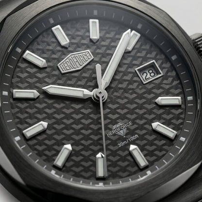 Macro view of HeroForce 5041 Men's Watc - textured dial, sharp indices, subdials