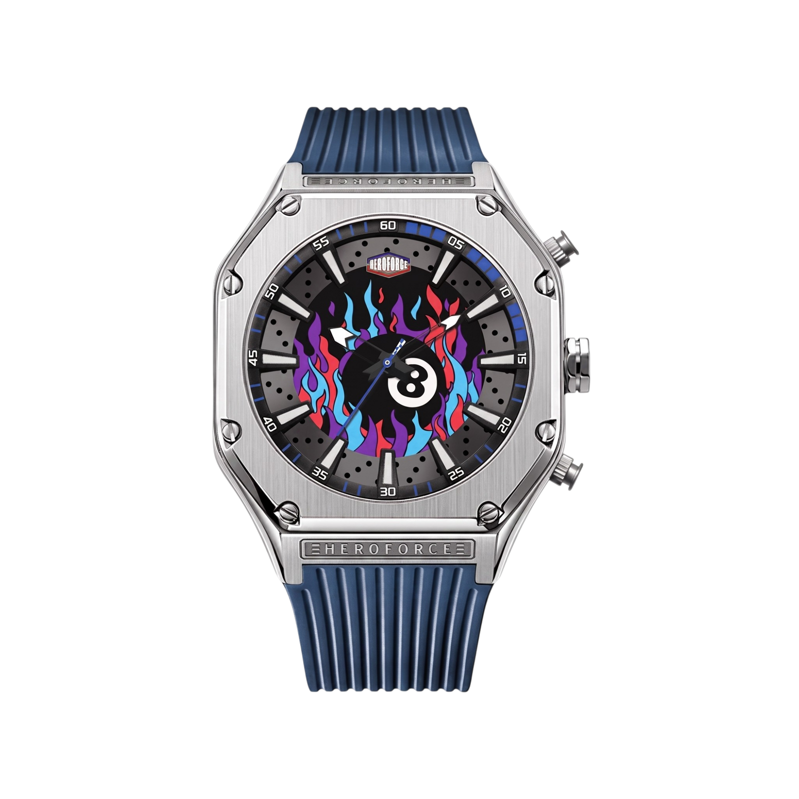 silver case, blue flame dial, blue strap