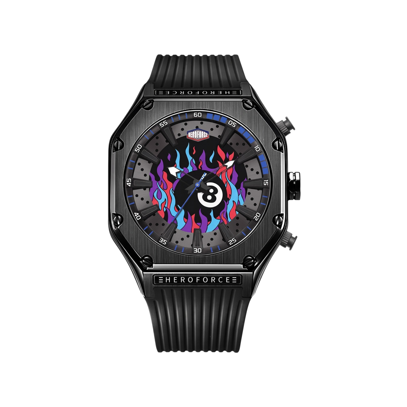 black case, blue flame dial