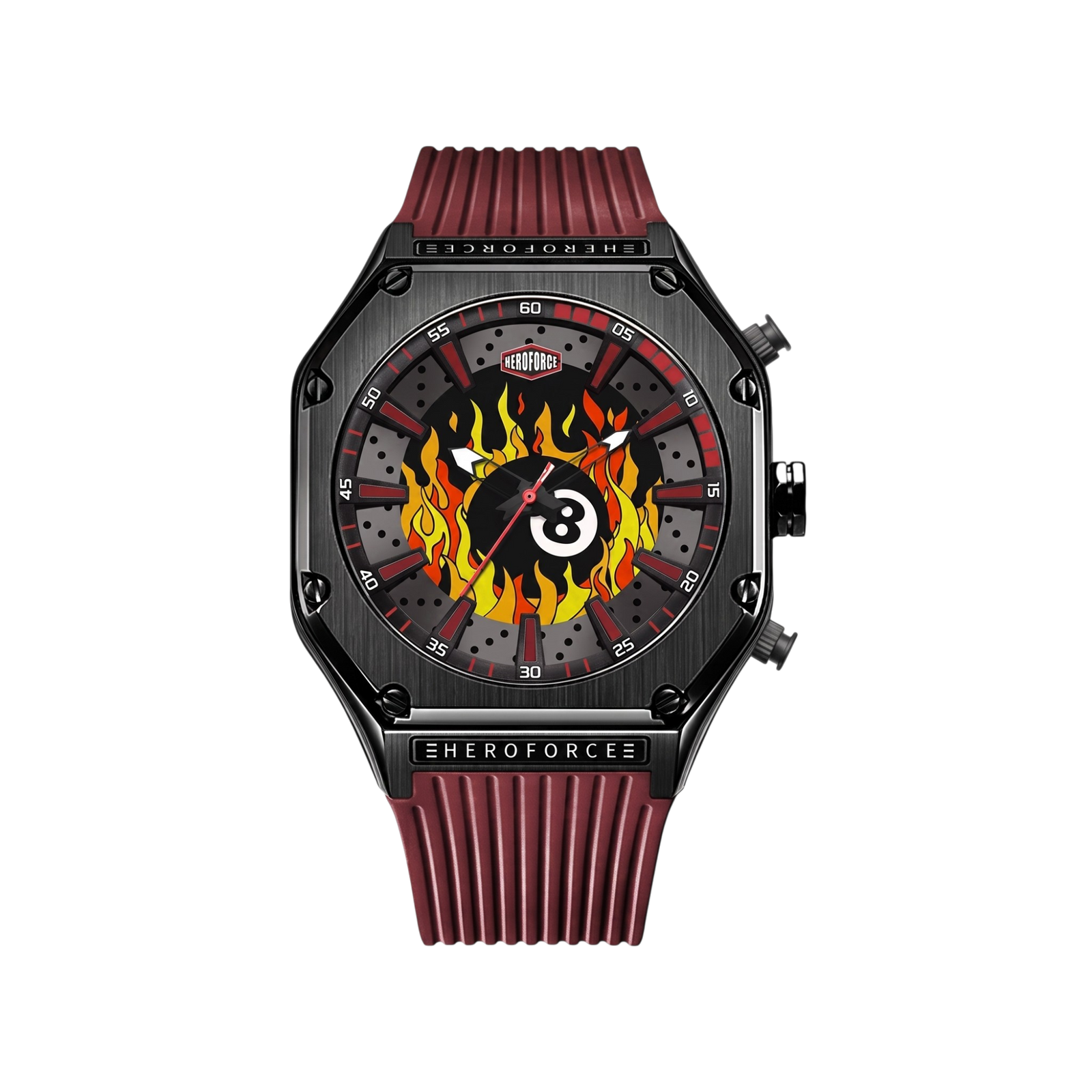 black case, orange flame dial, red strap
