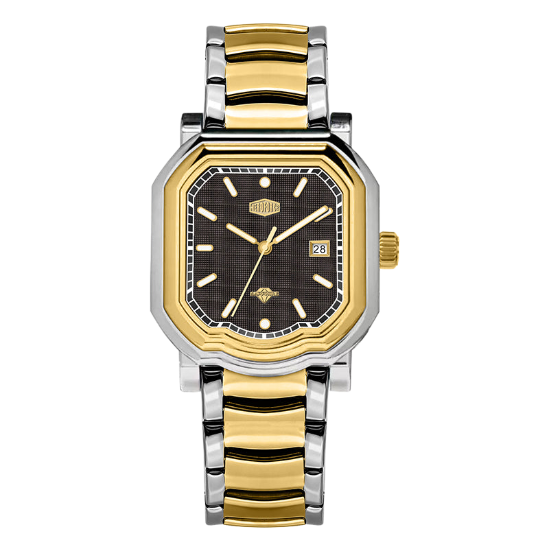 Rectangular wristwatch with gold bezel, alternating gold-silver band, black dial, gold markers, and date window