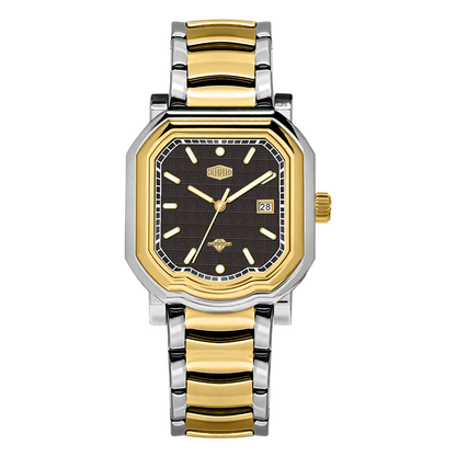 Rectangular wristwatch with gold bezel, alternating gold-silver band, black dial, gold markers, and date window