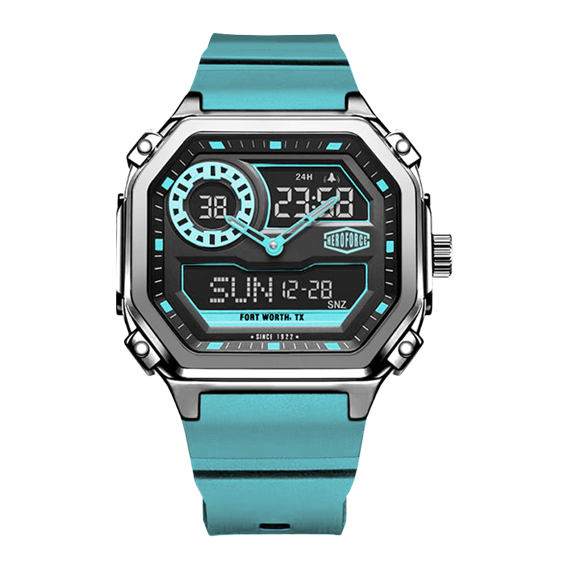 Rectangular wristwatch with metallic case, turquoise strap, and geometric analog-digital face with turquoise accents.