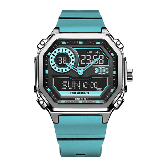 Rectangular wristwatch with metallic case, turquoise strap, and geometric analog-digital face with turquoise accents.