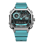 Rectangular wristwatch with metallic case, turquoise strap, and geometric analog-digital face with turquoise accents.