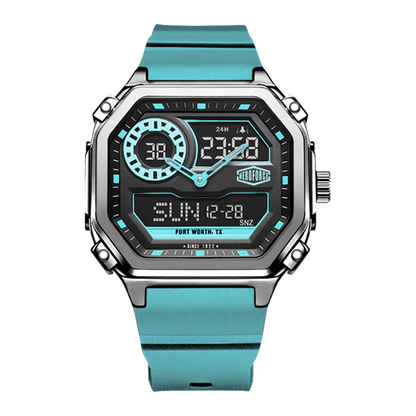 Rectangular wristwatch with metallic case, turquoise strap, and geometric analog-digital face with turquoise accents.
